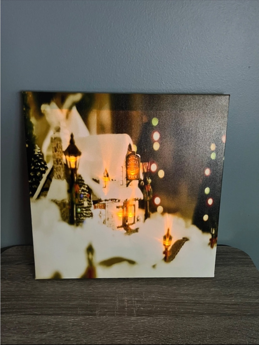 Holiday Light Up Santa’s Workshop Village Canvas Wall Art - White & Gold